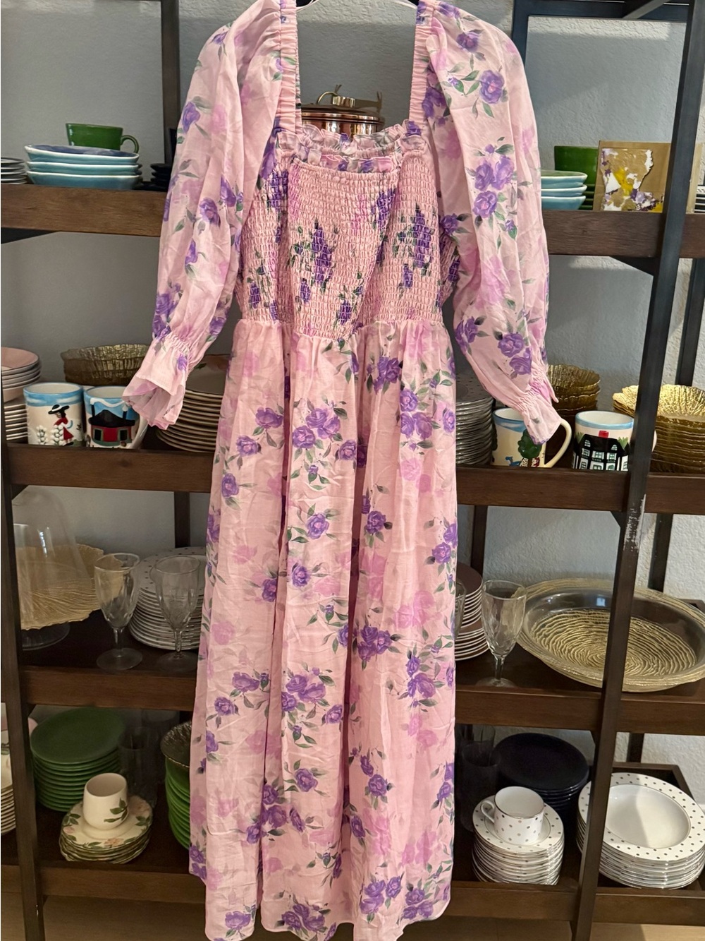 English Factory Pink and Purple Floral Smocked Maxi Dress